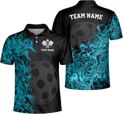 Custom Pickleball Polo Shirt Black Blue Flame Performance Pickleball Team Polo Personalized Sports Shirt