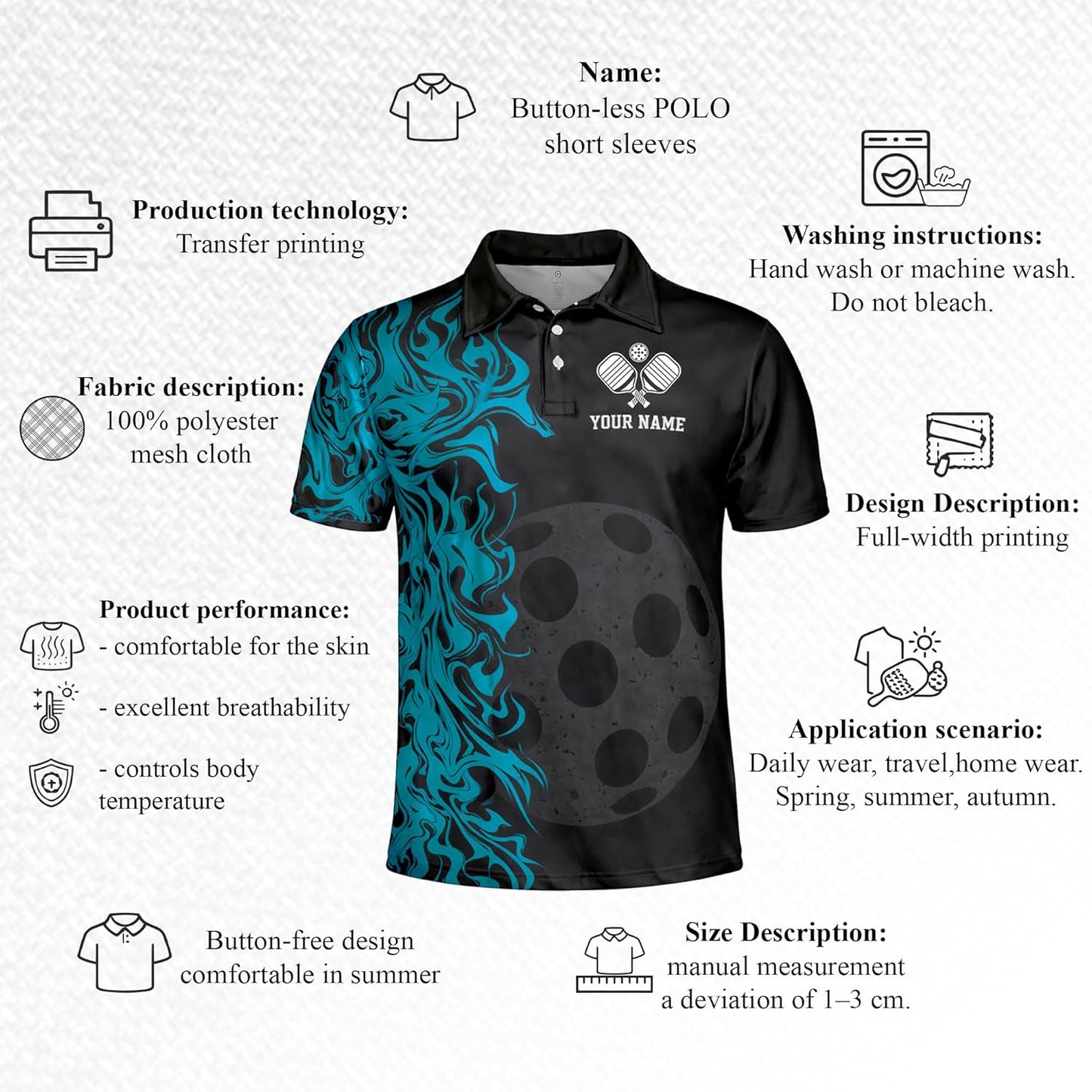 Custom Pickleball Polo Shirt Black Blue Flame Performance Pickleball Team Polo Personalized Sports Shirt