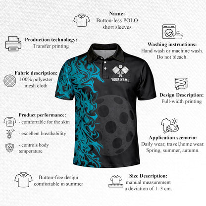 Custom Pickleball Polo Shirt Black Blue Flame Performance Pickleball Team Polo Personalized Sports Shirt