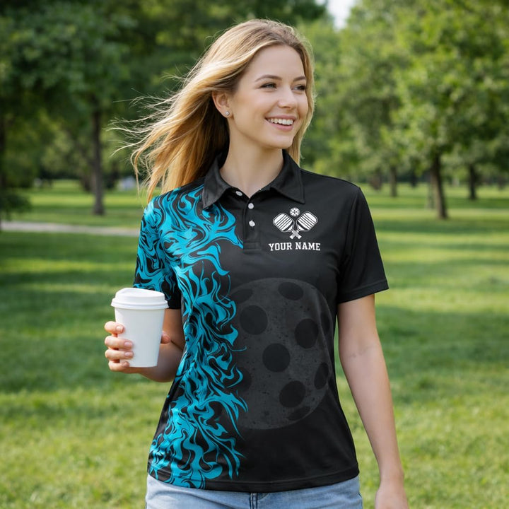 Custom Pickleball Polo Shirt Black Blue Flame Performance Pickleball Team Polo Personalized Sports Shirt