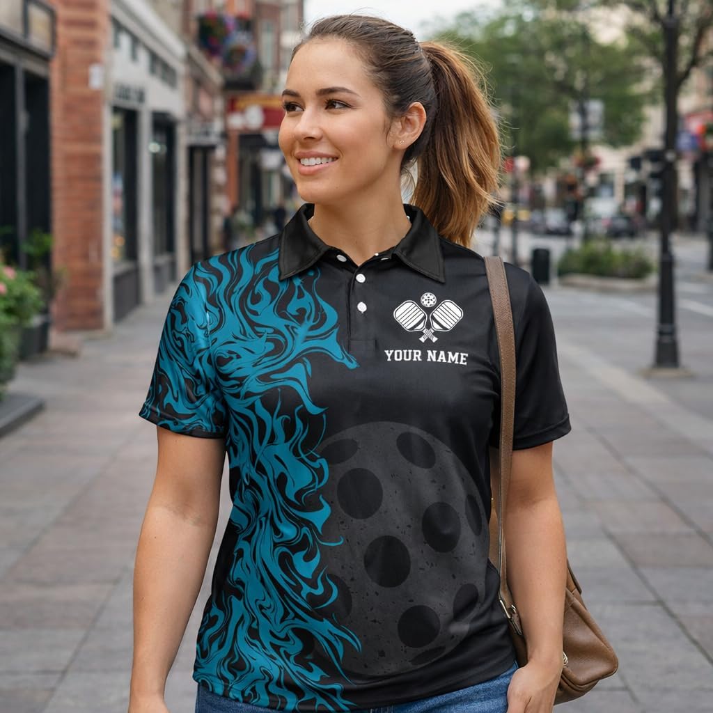 Custom Pickleball Polo Shirt Black Blue Flame Performance Pickleball Team Polo Personalized Sports Shirt