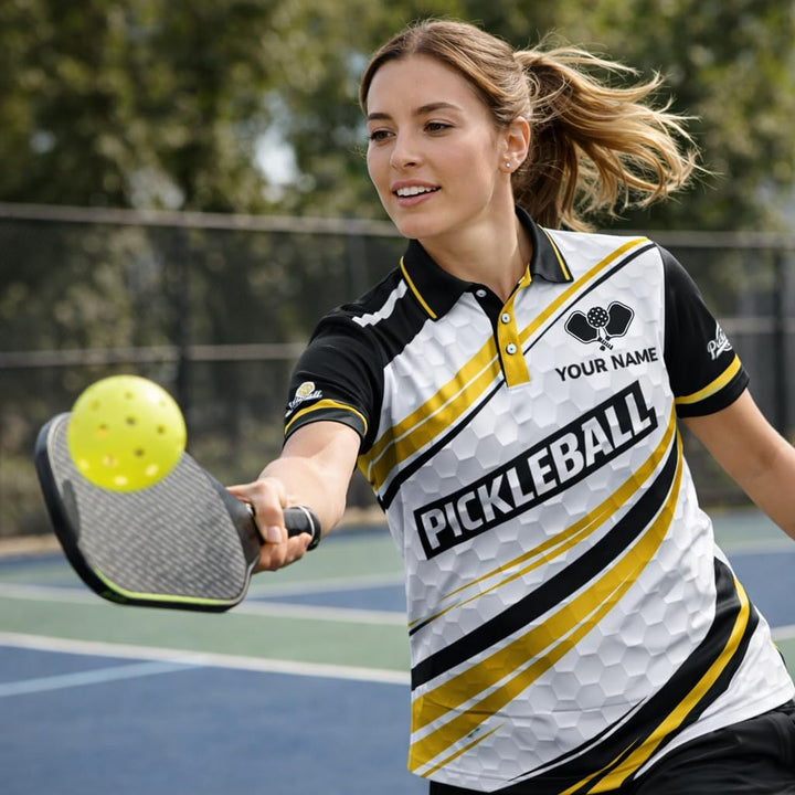 Custom Pickleball Polo Shirt Black Gold Performance Team Jersey Personalized Name Pickleball Shirt