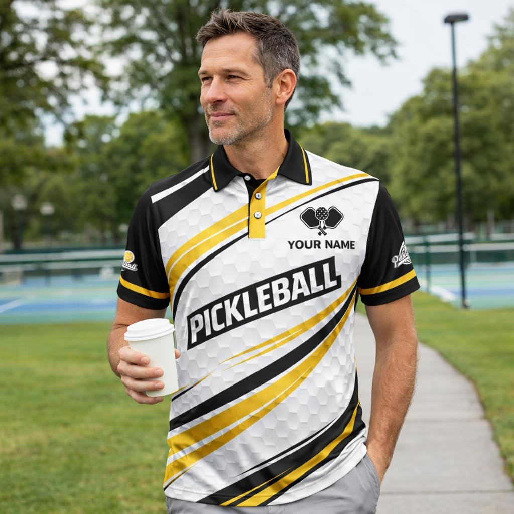 Custom Pickleball Polo Shirt Black Gold Performance Team Jersey Personalized Name Pickleball Shirt