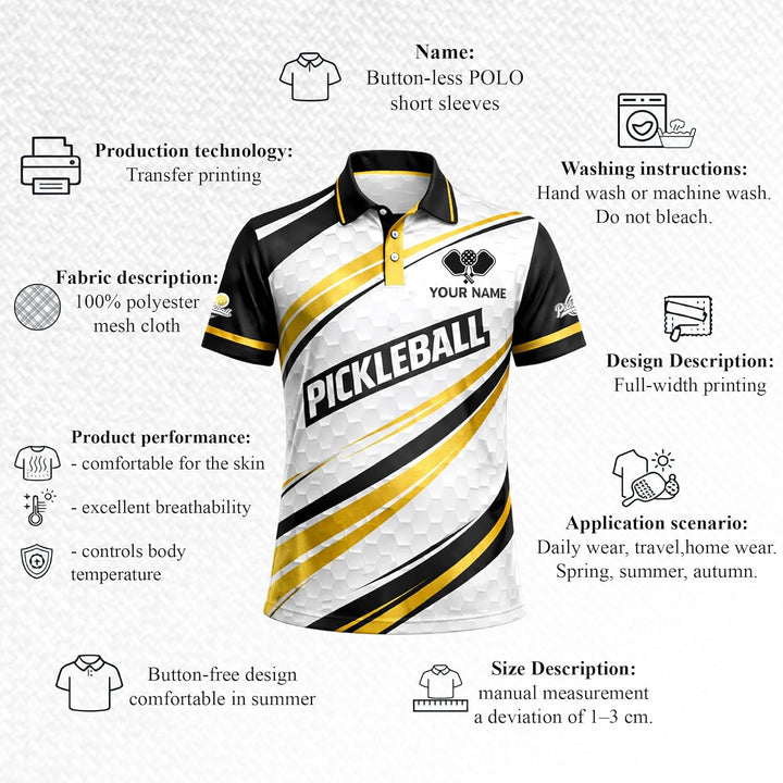 Custom Pickleball Polo Shirt Black Gold Performance Team Jersey Personalized Name Pickleball Shirt