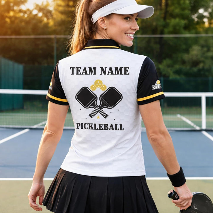 Custom Pickleball Polo Shirt Black Gold Performance Team Jersey Personalized Name Pickleball Shirt