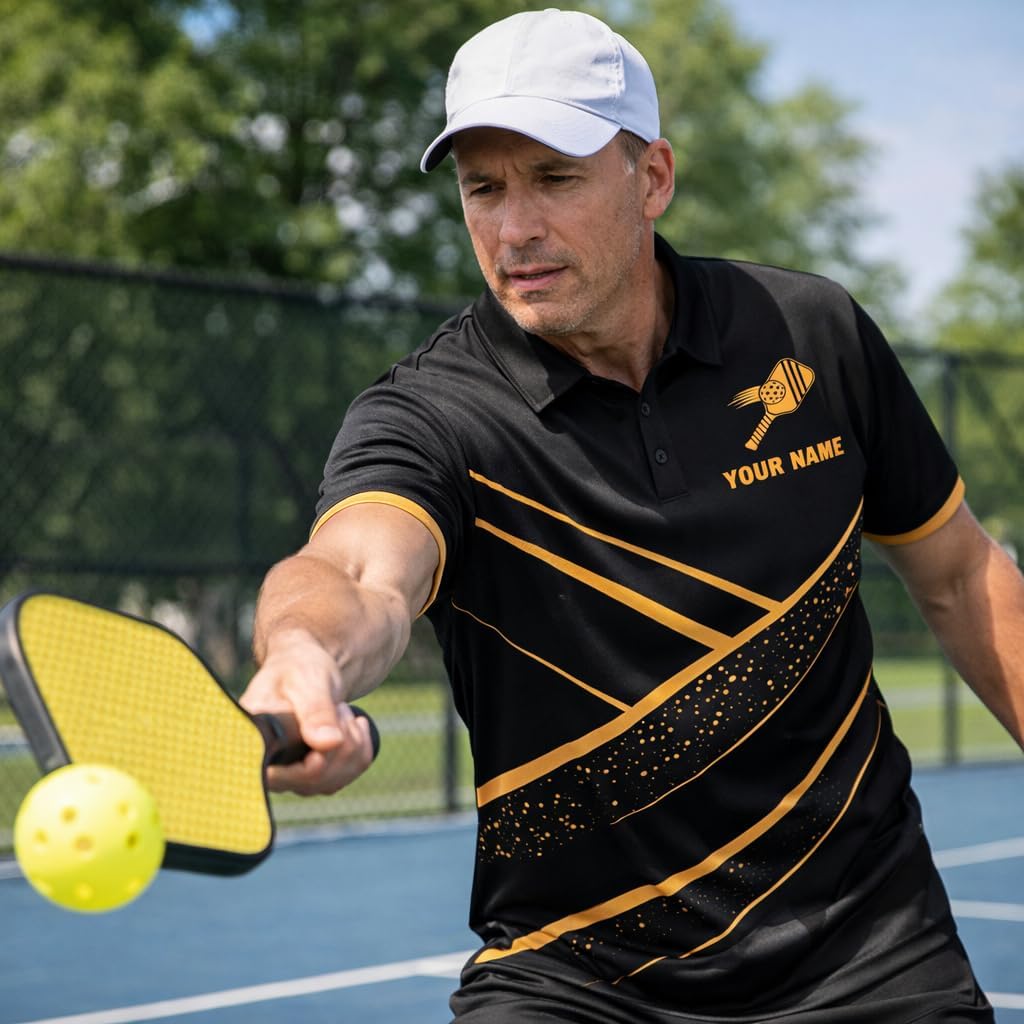 Custom Pickleball Polo Shirt Black Gold Performance Team Jersey Personalized Sports Polo for Men Women