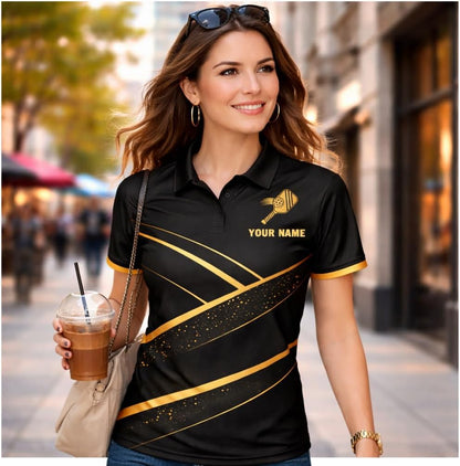 Custom Pickleball Polo Shirt Black Gold Performance Team Jersey Personalized Sports Polo for Men Women