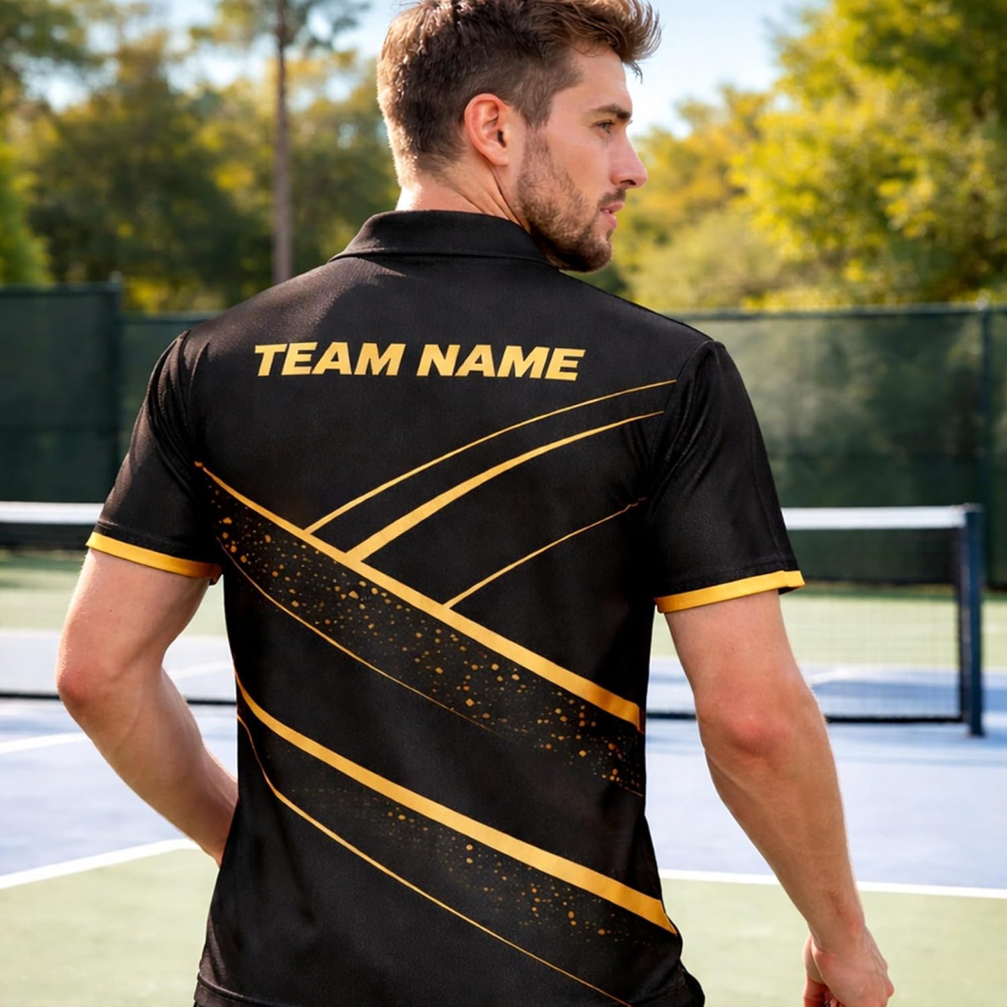 Custom Pickleball Polo Shirt Black Gold Performance Team Jersey Personalized Sports Polo for Men Women