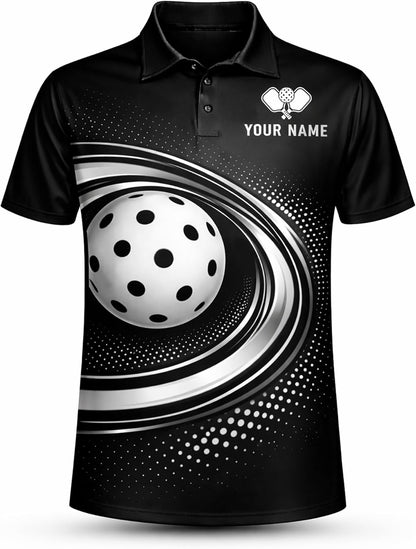 Custom Pickleball Polo Shirt Black Silver Swirl Ball Performance Team Jersey Personalized Pickleball Shirt
