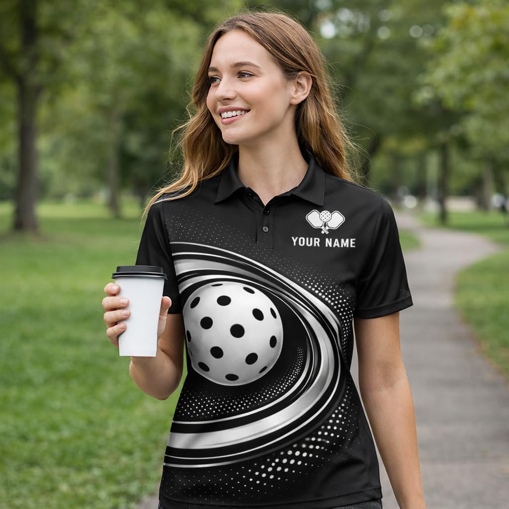 Custom Pickleball Polo Shirt Black Silver Swirl Ball Performance Team Jersey Personalized Pickleball Shirt