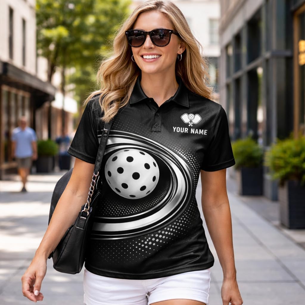 Custom Pickleball Polo Shirt Black Silver Swirl Ball Performance Team Jersey Personalized Pickleball Shirt
