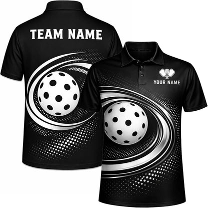 Custom Pickleball Polo Shirt Black Silver Swirl Ball Performance Team Jersey Personalized Pickleball Shirt