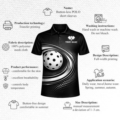 Custom Pickleball Polo Shirt Black Silver Swirl Ball Performance Team Jersey Personalized Pickleball Shirt