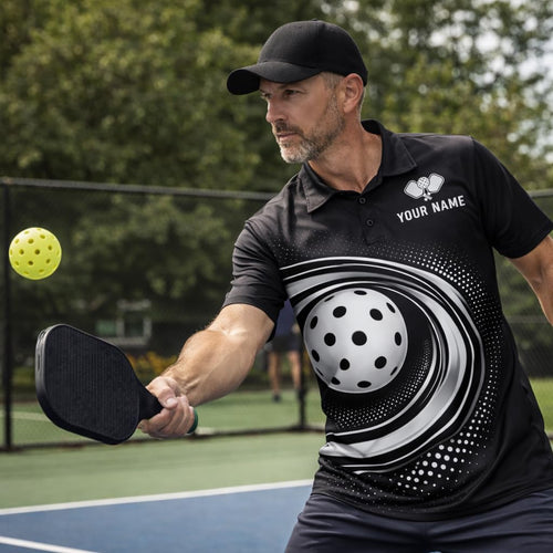 Custom Pickleball Polo Shirt Black Silver Swirl Ball Performance Team Jersey Personalized Pickleball Shirt