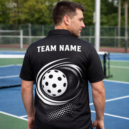 Custom Pickleball Polo Shirt Black Silver Swirl Ball Performance Team Jersey Personalized Pickleball Shirt