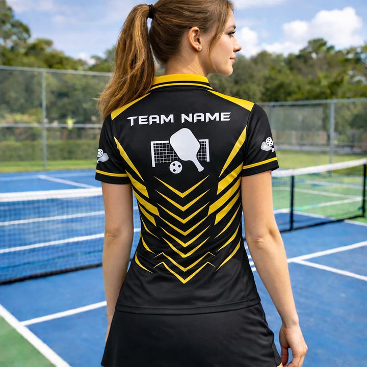 Custom Pickleball Polo Shirt Black Yellow Performance Team Jersey for Men Women