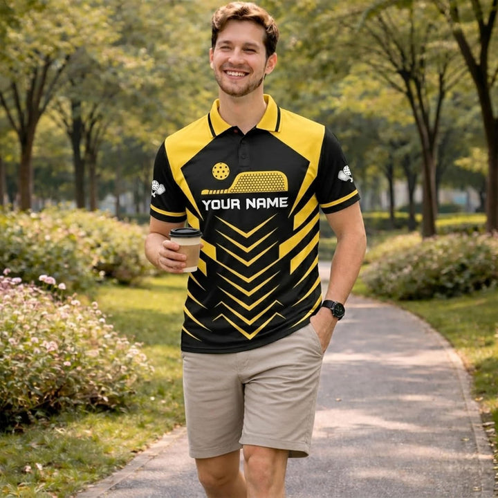 Custom Pickleball Polo Shirt Black Yellow Performance Team Jersey for Men Women