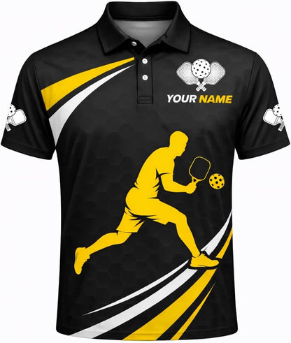 Custom Pickleball Polo Shirt Black Yellow Player Silhouette Personalized Team Jersey Performance Sports Shirt