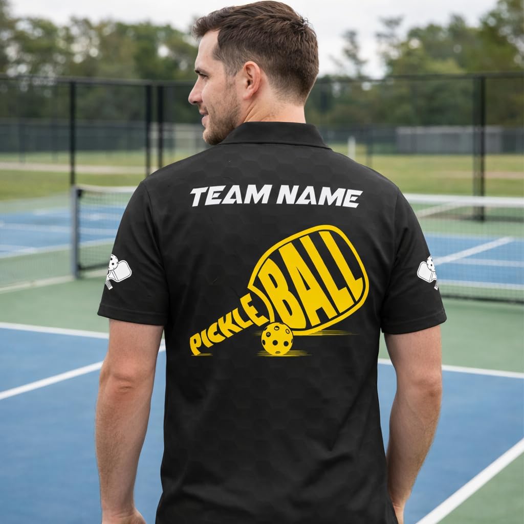 Custom Pickleball Polo Shirt Black Yellow Player Silhouette Personalized Team Jersey Performance Sports Shirt