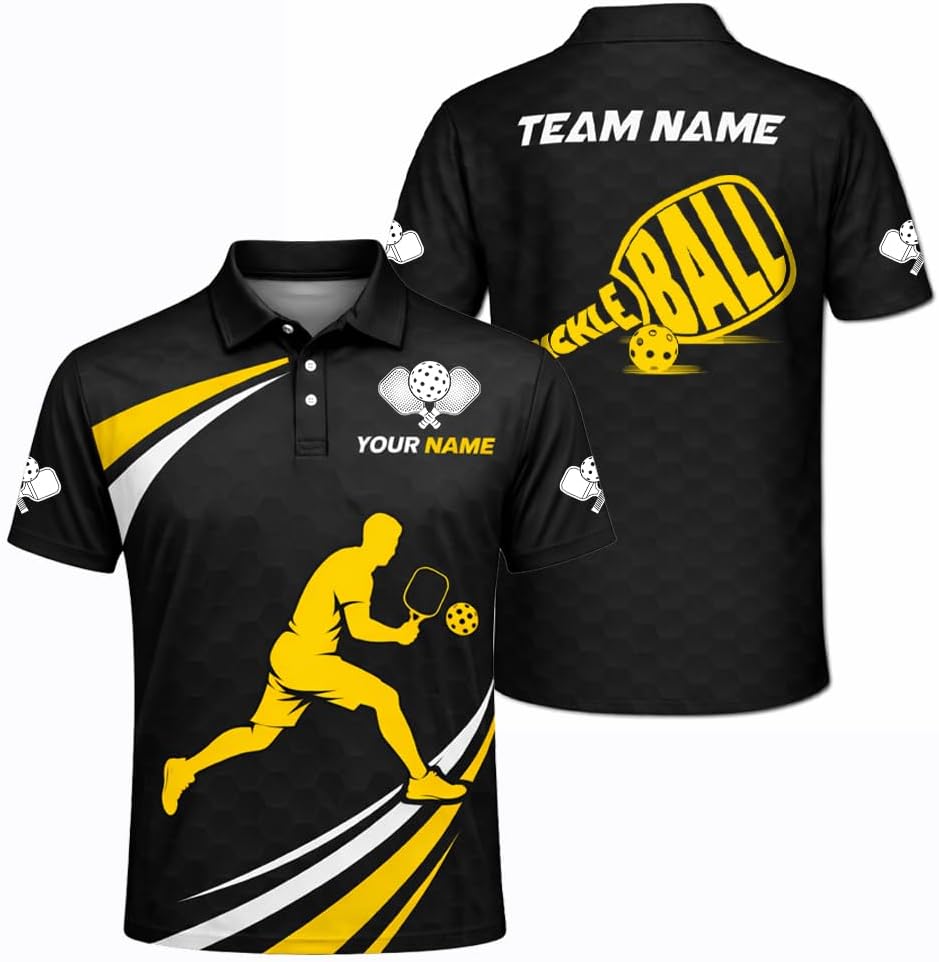 Custom Pickleball Polo Shirt Black Yellow Player Silhouette Personalized Team Jersey Performance Sports Shirt