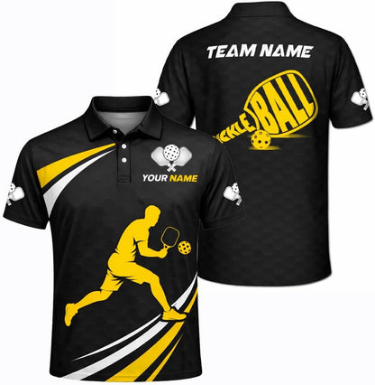 Custom Pickleball Polo Shirt Black Yellow Player Silhouette Personalized Team Jersey Performance Sports Shirt