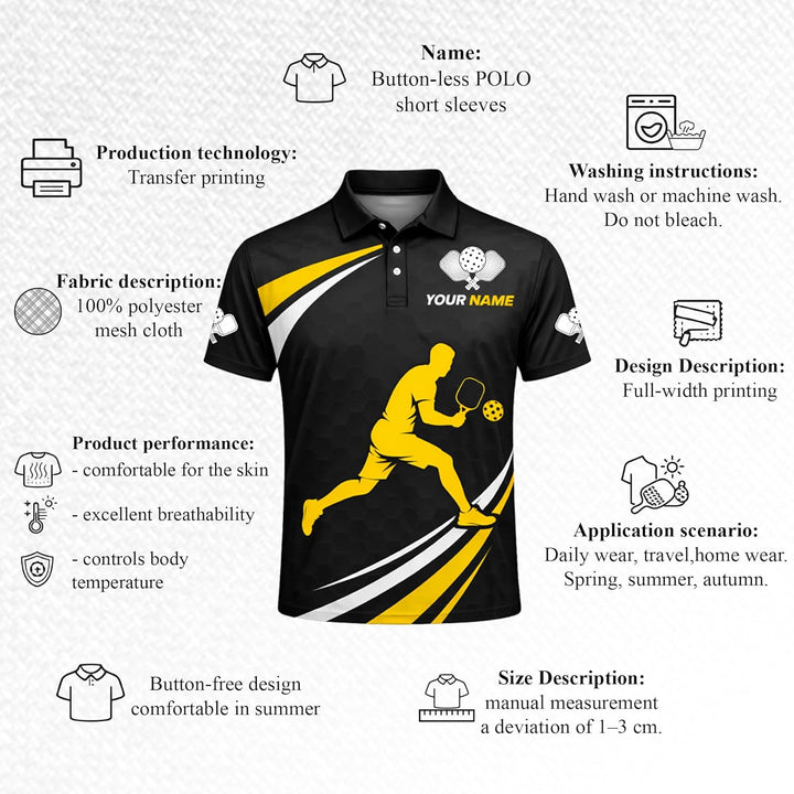 Custom Pickleball Polo Shirt Black Yellow Player Silhouette Personalized Team Jersey Performance Sports Shirt