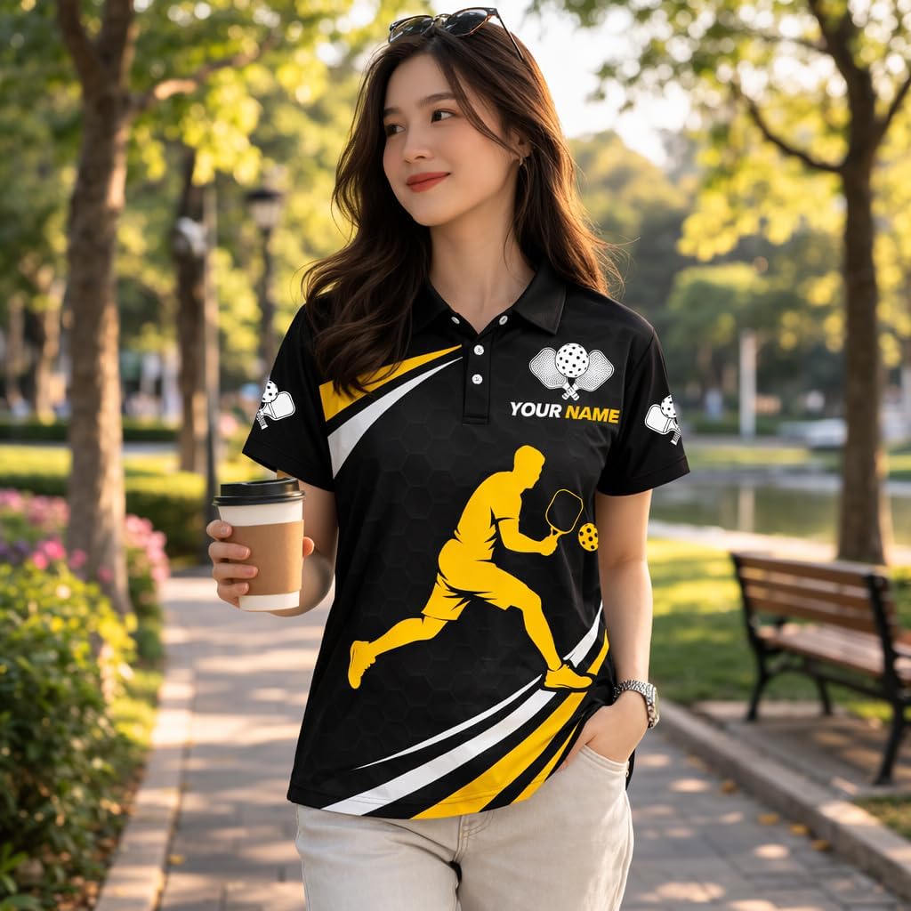 Custom Pickleball Polo Shirt Black Yellow Player Silhouette Personalized Team Jersey Performance Sports Shirt