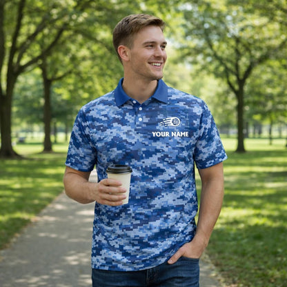 Custom Pickleball Polo Shirt Blue Digital Camo Performance Polo Personalized Team Name Pickleball Shirt
