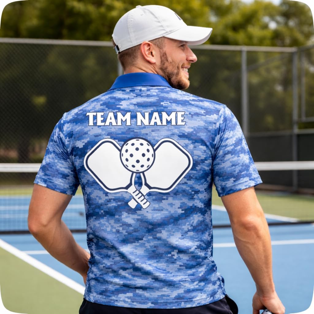 Custom Pickleball Polo Shirt Blue Digital Camo Performance Polo Personalized Team Name Pickleball Shirt