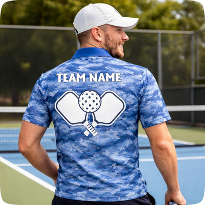 Custom Pickleball Polo Shirt Blue Digital Camo Performance Polo Personalized Team Name Pickleball Shirt