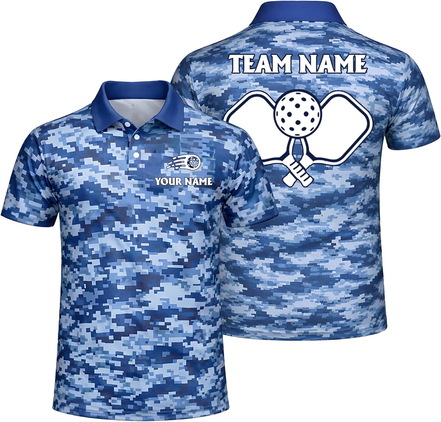 Custom Pickleball Polo Shirt Blue Digital Camo Performance Polo Personalized Team Name Pickleball Shirt