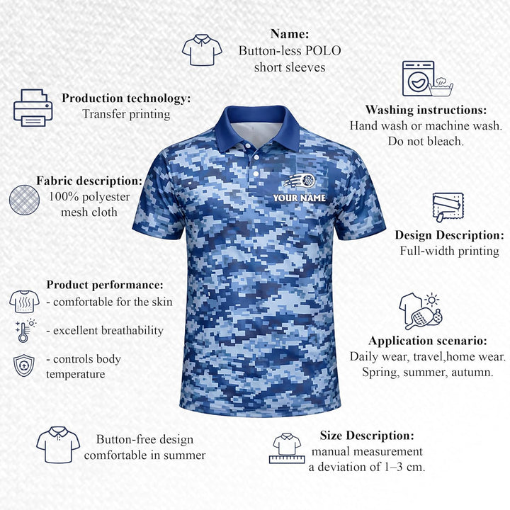 Custom Pickleball Polo Shirt Blue Digital Camo Performance Polo Personalized Team Name Pickleball Shirt