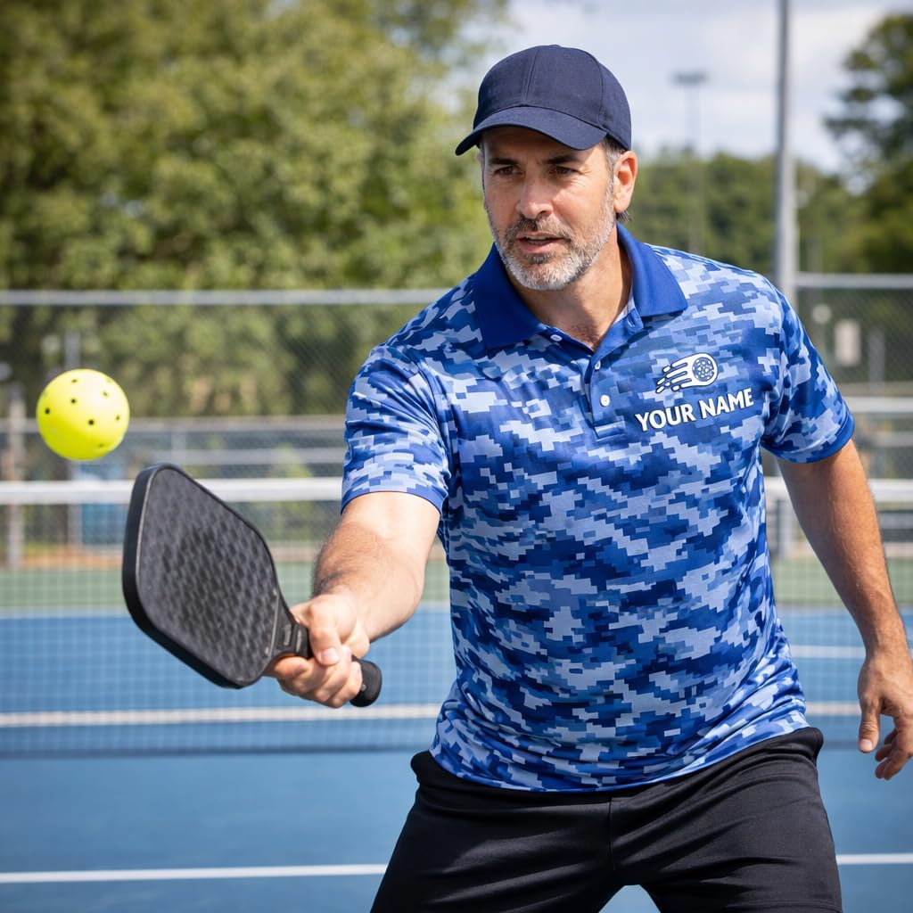 Custom Pickleball Polo Shirt Blue Digital Camo Performance Polo Personalized Team Name Pickleball Shirt