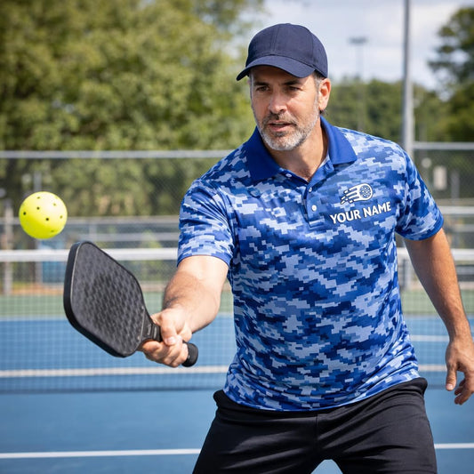 Custom Pickleball Polo Shirt Blue Digital Camo Performance Polo Personalized Team Name Pickleball Shirt
