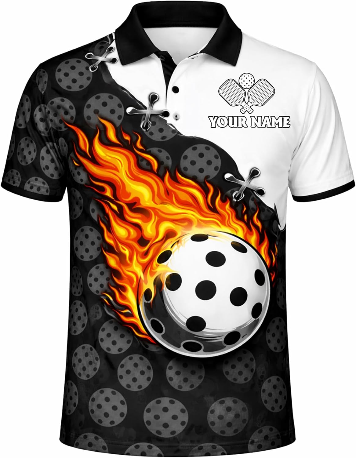 Custom Pickleball Polo Shirt Flaming Ball Black White Personalized Team Name Pickleball Shirt Performance Breathable Polo