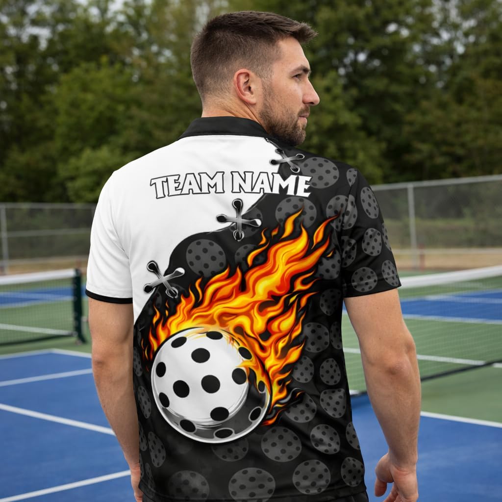 Custom Pickleball Polo Shirt Flaming Ball Black White Personalized Team Name Pickleball Shirt Performance Breathable Polo