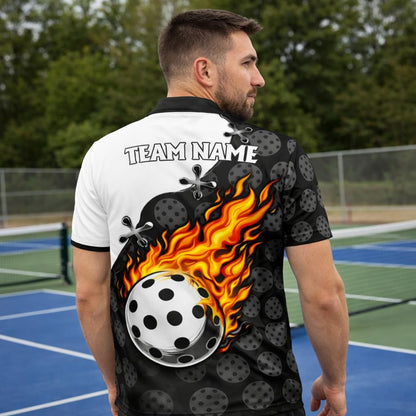 Custom Pickleball Polo Shirt Flaming Ball Black White Personalized Team Name Pickleball Shirt Performance Breathable Polo