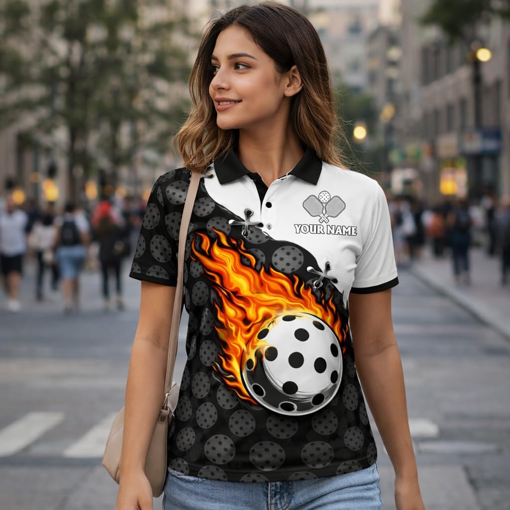 Custom Pickleball Polo Shirt Flaming Ball Black White Personalized Team Name Pickleball Shirt Performance Breathable Polo