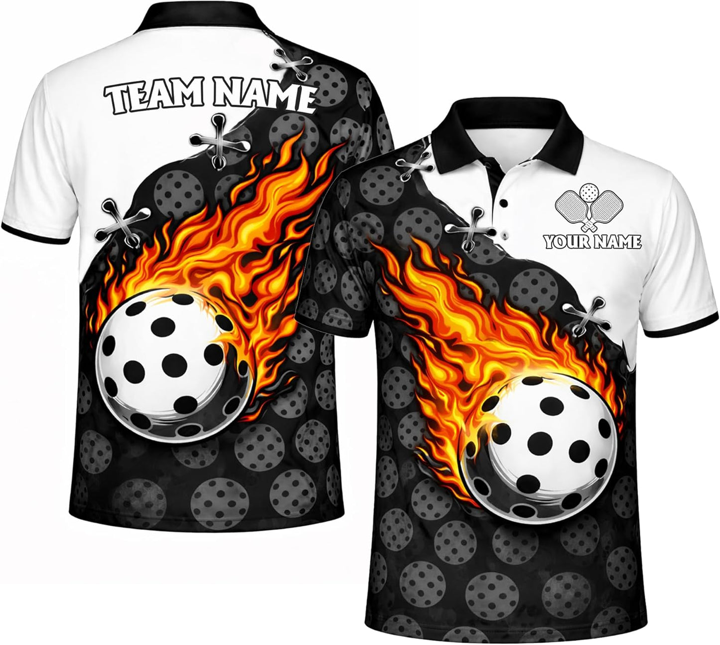 Custom Pickleball Polo Shirt Flaming Ball Black White Personalized Team Name Pickleball Shirt Performance Breathable Polo