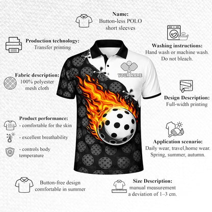 Custom Pickleball Polo Shirt Flaming Ball Black White Personalized Team Name Pickleball Shirt Performance Breathable Polo