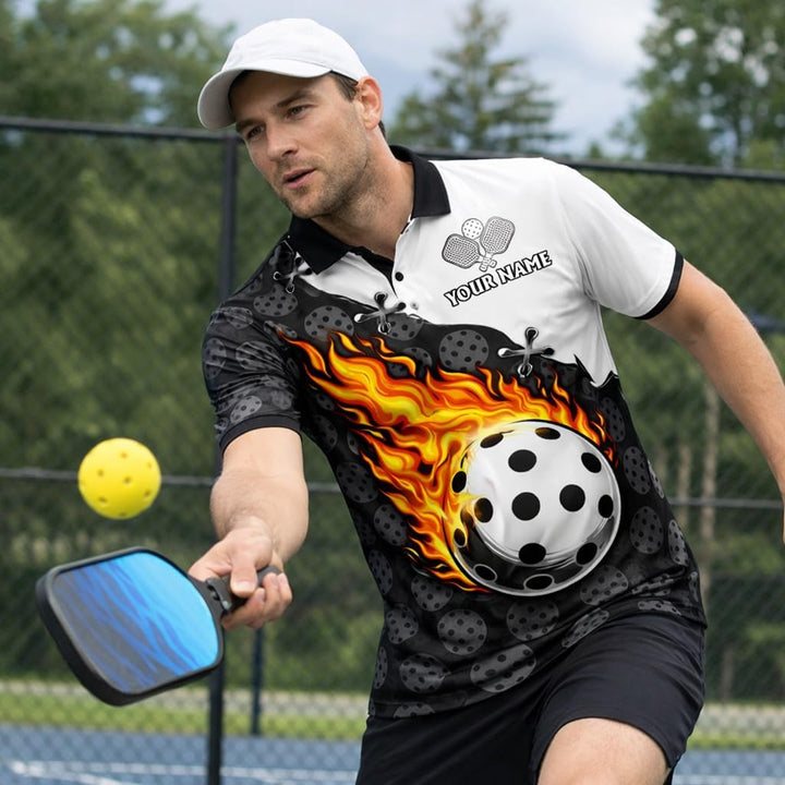 Custom Pickleball Polo Shirt Flaming Ball Black White Personalized Team Name Pickleball Shirt Performance Breathable Polo