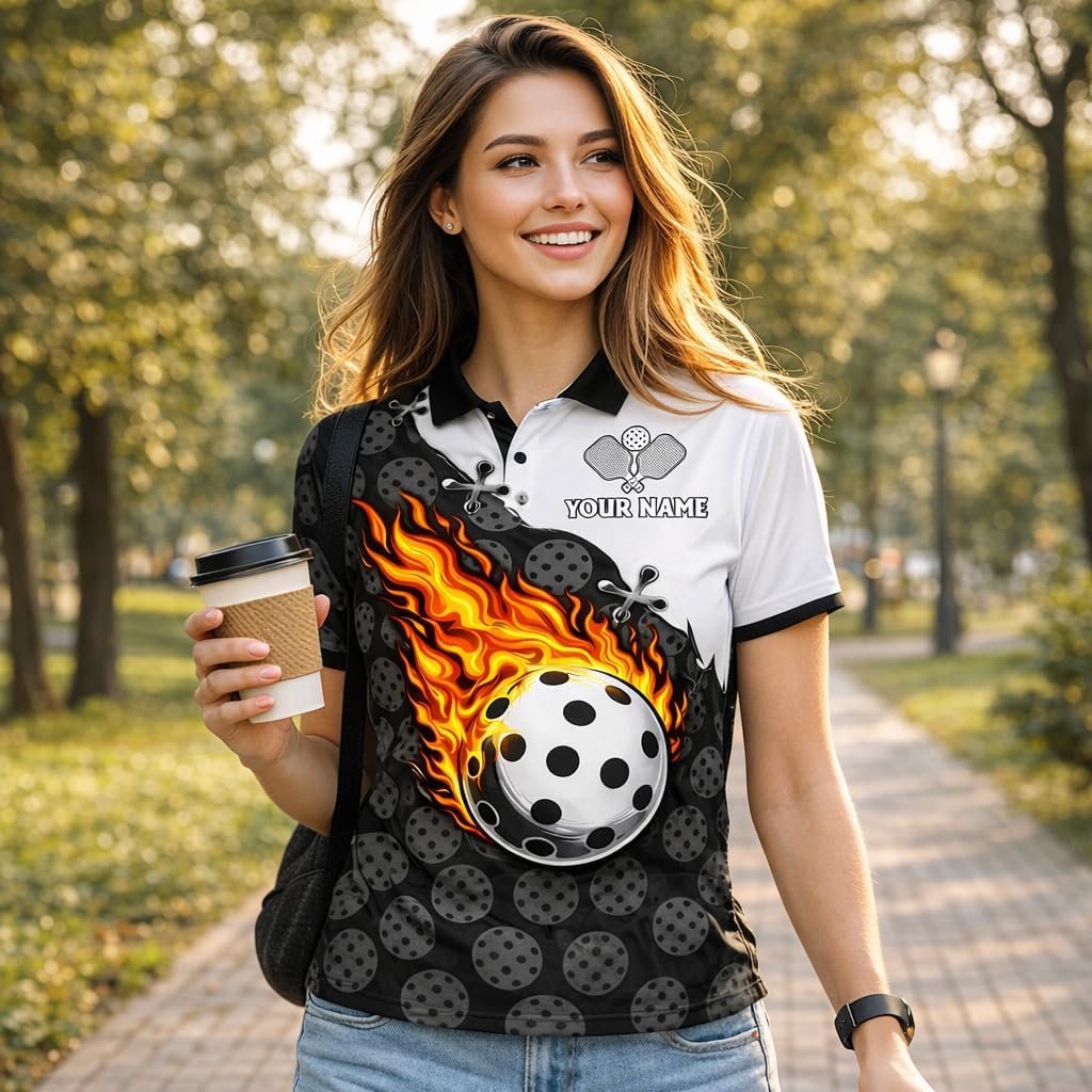 Custom Pickleball Polo Shirt Flaming Ball Black White Personalized Team Name Pickleball Shirt Performance Breathable Polo