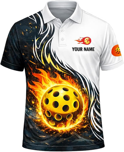 Custom Pickleball Polo Shirt Flaming Pickleball Fire Ball Personalized Team Jersey Performance Shirt Black