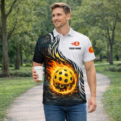 Custom Pickleball Polo Shirt Flaming Pickleball Fire Ball Personalized Team Jersey Performance Shirt Black