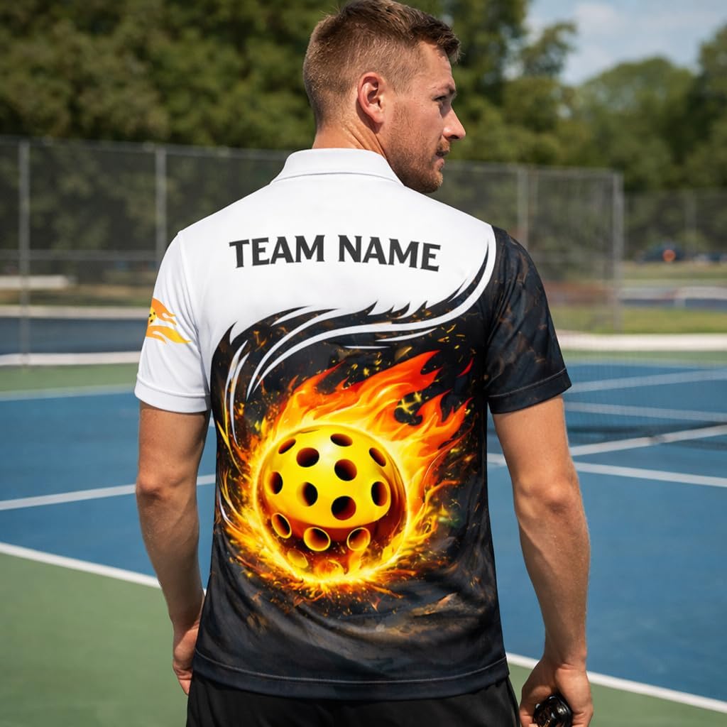 Custom Pickleball Polo Shirt Flaming Pickleball Fire Ball Personalized Team Jersey Performance Shirt Black