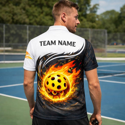 Custom Pickleball Polo Shirt Flaming Pickleball Fire Ball Personalized Team Jersey Performance Shirt Black