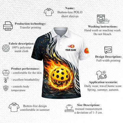 Custom Pickleball Polo Shirt Flaming Pickleball Fire Ball Personalized Team Jersey Performance Shirt Black