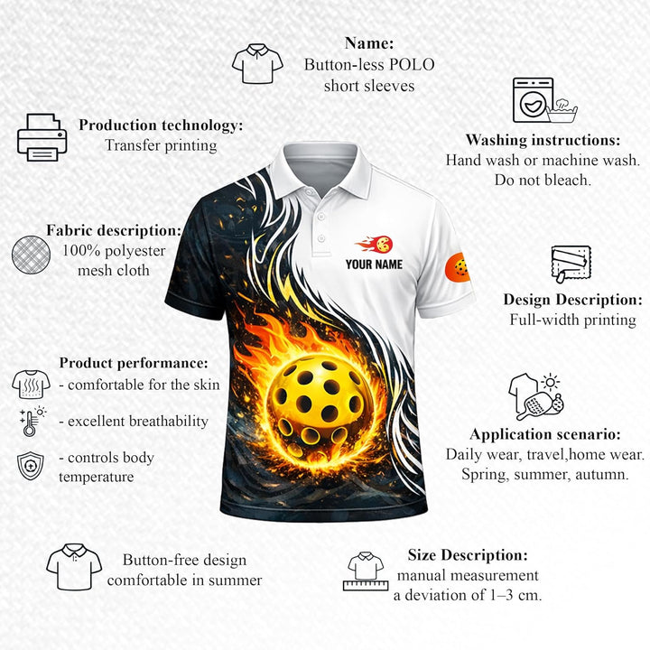 Custom Pickleball Polo Shirt Flaming Pickleball Fire Ball Personalized Team Jersey Performance Shirt Black