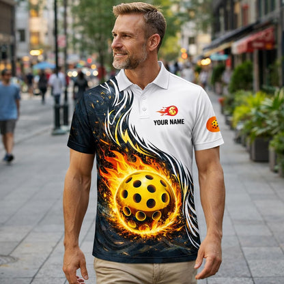 Custom Pickleball Polo Shirt Flaming Pickleball Fire Ball Personalized Team Jersey Performance Shirt Black