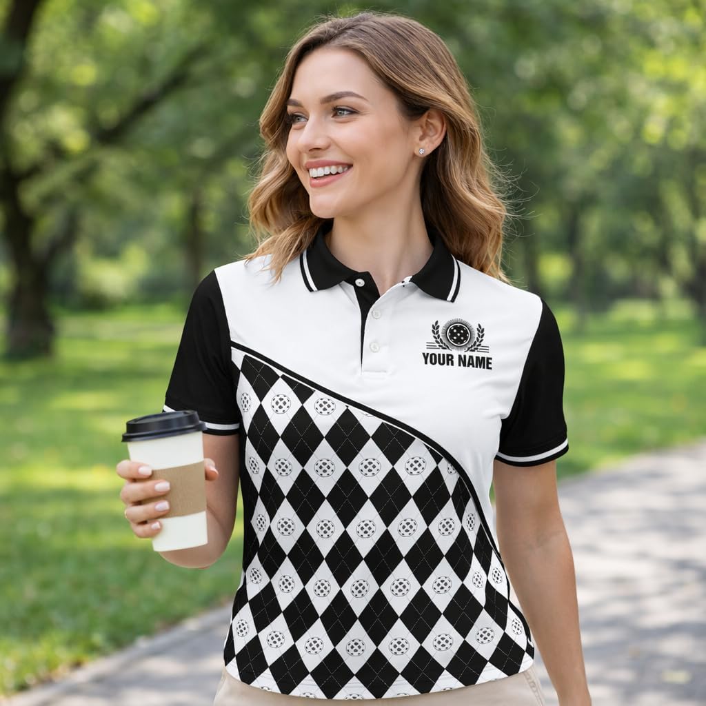Custom Pickleball Polo Shirt Personalized Name Argyle Pickleball Performance Sport Polo Shirt Black